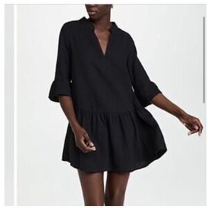 Monrow Black Double Gauze Cotton‎ Tiered Mini Dress Split Neck  Womens L